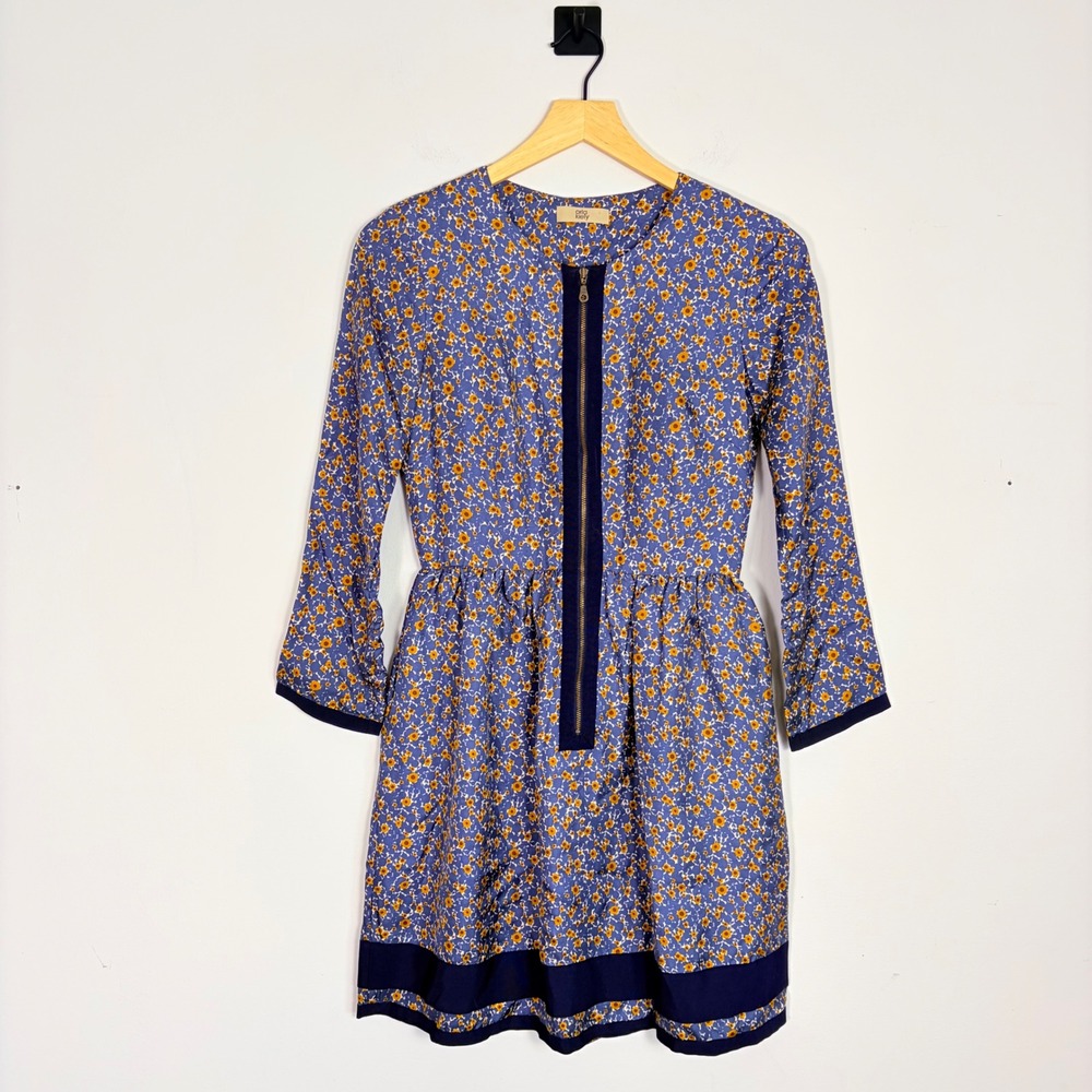 Orla Kiely Blue Yellow Floral 100% Silk Mini Dress US‎ 2 UK 6 Zip Front Pocket - Picture 2 of 7